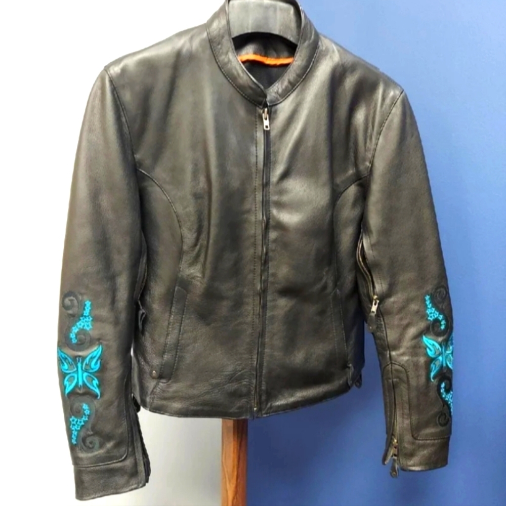 Womens Black Leather Riding Jacket with Blue Embroidery